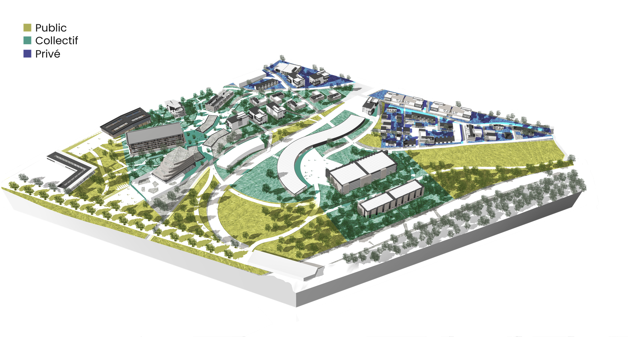 Axonométrie des espaces publics et privés du nouveau quartier